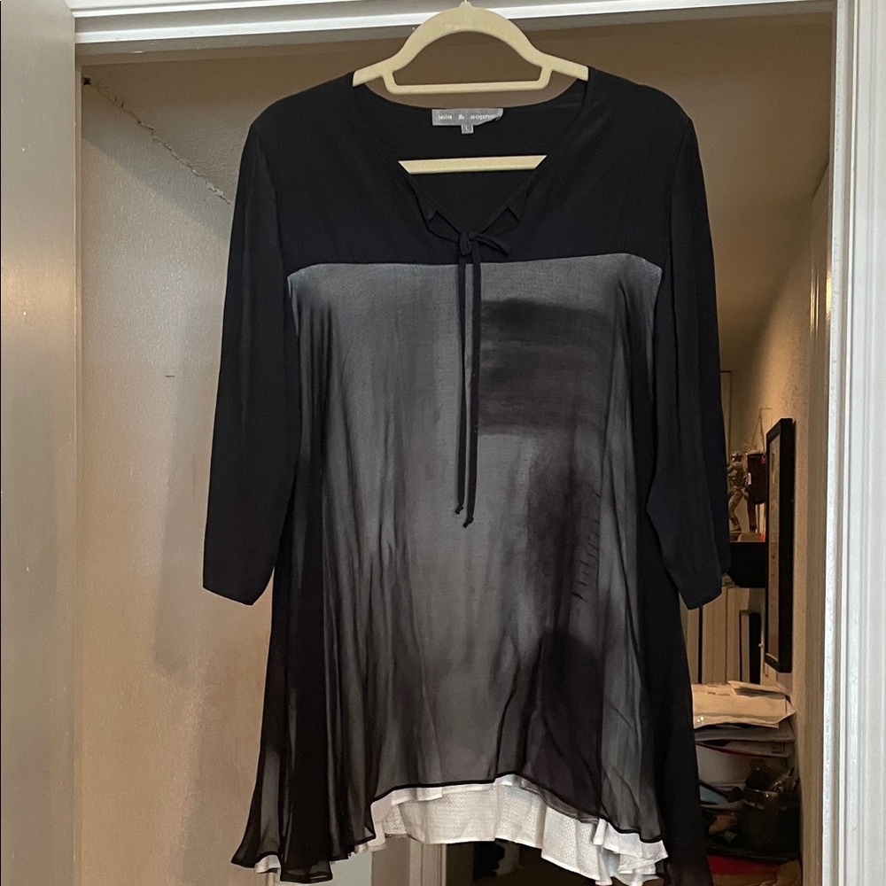 Lola & Sophie Black and Gray Blouse with Bow Detail